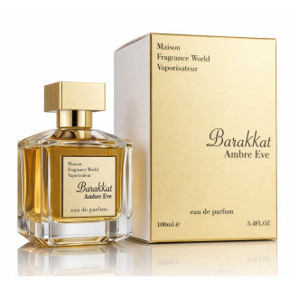 Fragrance World Barakkat Ambre Eve EDP 100 ml — toode ja pakend; lähivaade; valgel taustal; keskmine kadreering