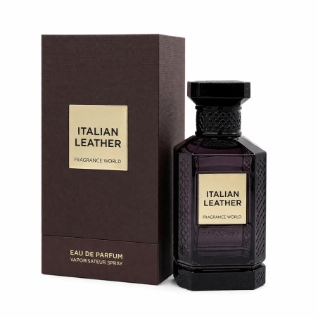 Fragrance World Italian Leather EDP 150 ml — produktas ir pakuotė; artimas vaizdas; baltame fone