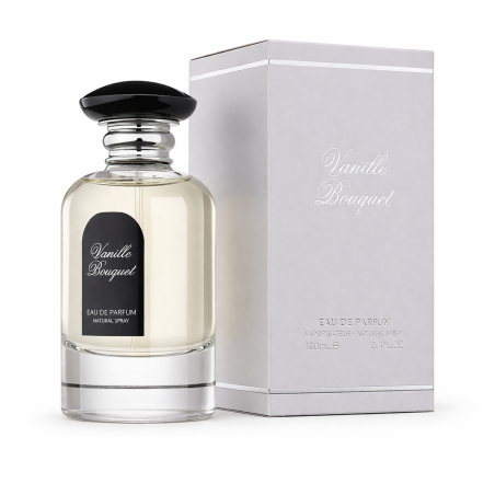 Fragrance World Vanille Bouquet EDP 100 ml — toode ja pakend; lähivaade; valgel taustal