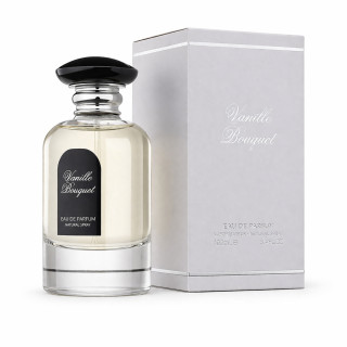 Fragrance World Vanille Bouquet EDP 100 ml — toode ja pakend; lähivaade; valgel taustal