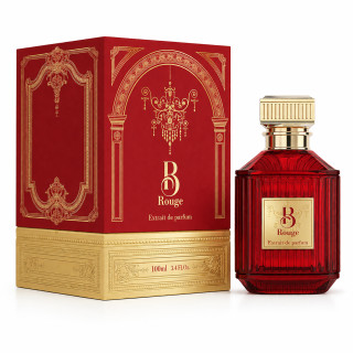 Fragrance World B Rouge Extrait EDP 100 ml — товар и упаковка; очень крупный план; на белом фоне