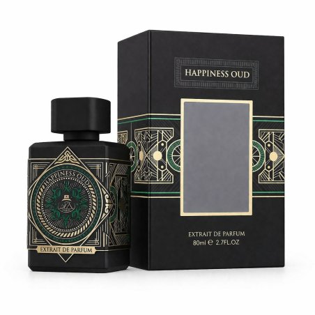 Fragrance World Happiness Oud Extrait de Parfum 80 ml — product packaging; tight close-up; on a white background; widest framing