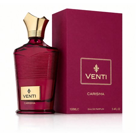 Fragrance World Venti Carisma EDP 100 ml — toode ja pakend; väga lähivõte; valgel taustal; keskmine kadreering