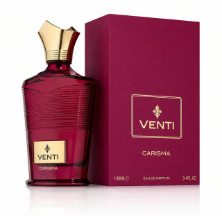 Fragrance World Venti Carisma EDP 100 ml — toode ja pakend; väga lähivõte; valgel taustal; keskmine kadreering