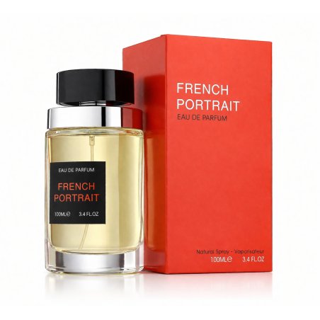 Fragrance World French Portrait EDP 100 ml — toode ja pakend; lähivaade; valgel taustal; keskmine kadreering
