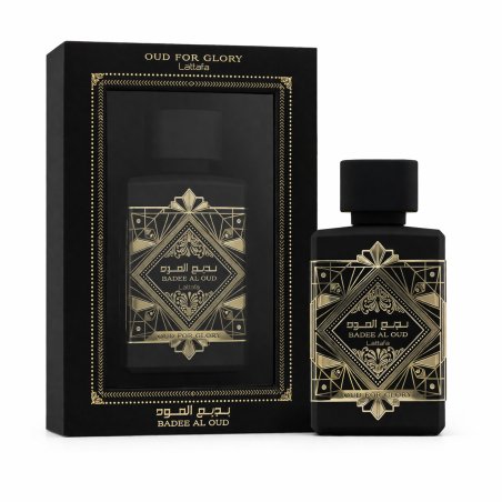 Lattafa Perfume Bade'e Al Oud Oud for Glory EDP 100 ml — toode ja pakend; väga lähivõte; valgel taustal