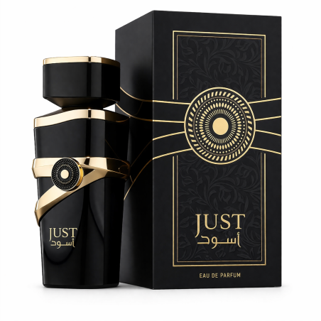 Fragrance World Just Aswad EDP 100 ml — product en verpakking; zeer nabije close-up; op een witte achtergrond