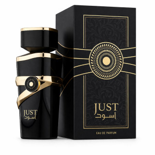 Fragrance World Just Aswad EDP 100 ml — product en verpakking; zeer nabije close-up; op een witte achtergrond