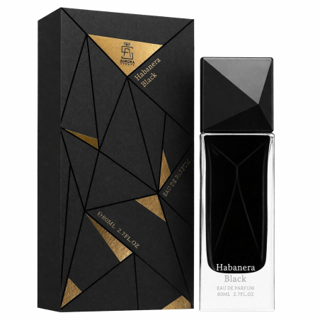 Aurora Scents Habanera Black EDP 80 ml — produkto pakuotė; stambus planas; baltame fone; artimiausias kadras