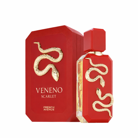 Fragrance World Veneno Scarlet Extrait de Parfum 100 ml — productverpakking; close-up; op een witte achtergrond