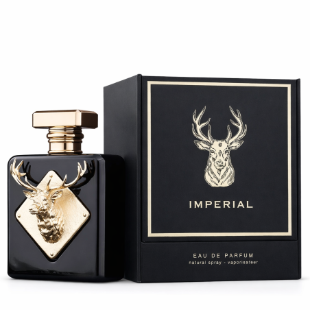 Fragrance World Imperial EDP 100 ml — productweergave; zeer nabije close-up; op een witte achtergrond; ruimste kadrering