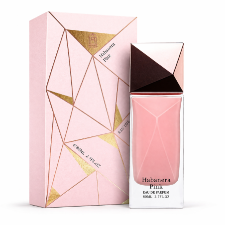 Aurora Scents Habanera Pink EDP 80 ml — produkto pakuotė; artimas vaizdas; baltame fone; artimiausias kadras