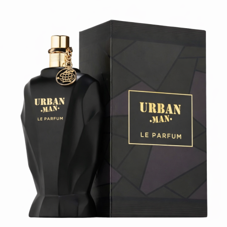 Fragrance World Urban Man Le Parfum EDP 90 ml — товар и упаковка; очень крупный план; на белом фоне; самый широкий кадр