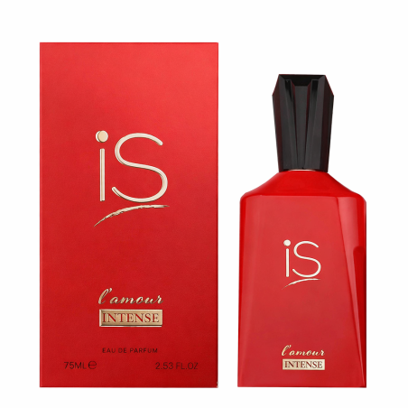 Fragrance World IS L'Amour Intense EDP 75 ml — toode ja pakend; väga lähivõte; valgel taustal; keskmine kadreering