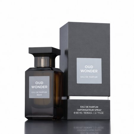 Fragrance World Oud Wonder EDP 80 ml — produkt a balení; detail; na bílém pozadí; blízký záběr