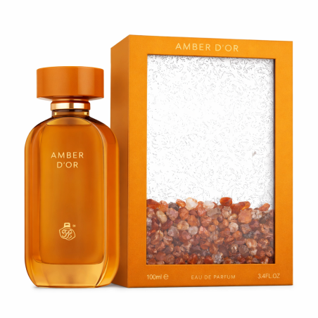 Fragrance World Amber D'OR EDP 100 ml — product en verpakking; close-up; op een witte achtergrond; meest nabije kadrering