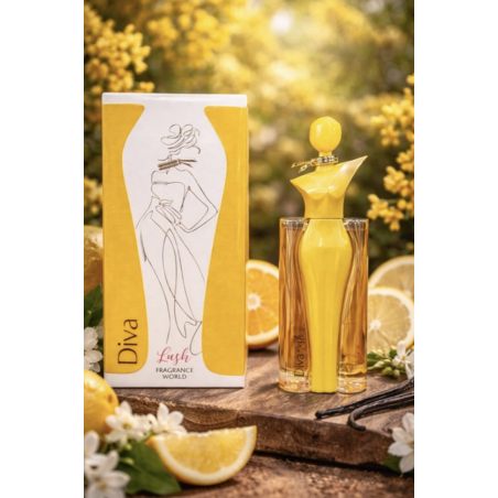 Fragrance World Diva Lush EDP 100 ml — product in een gestileerde setting; zeer nabije close-up; op een witte achtergrond