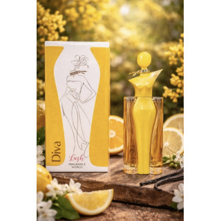 Fragrance World Diva Lush EDP 100 ml — product in een gestileerde setting; zeer nabije close-up; op een witte achtergrond