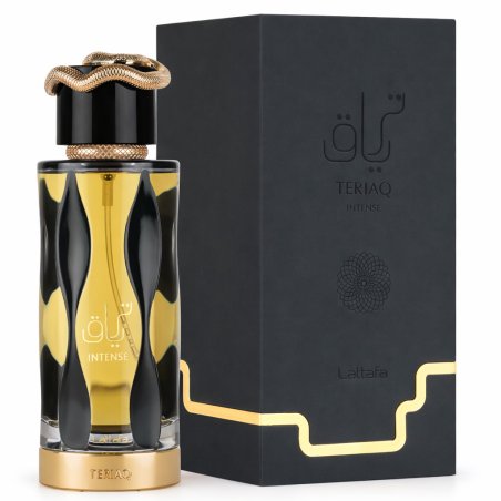 Lattafa Perfume Teriaq Intense EDP 100 ml — product en verpakking; zeer nabije close-up; op een witte achtergrond