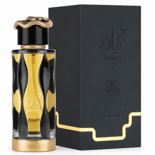 Lattafa Perfume Teriaq Intense EDP 100 ml — product en verpakking; zeer nabije close-up; op een witte achtergrond