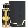 Lattafa Perfume Teriaq Intense EDP 100 ml — product en verpakking; zeer nabije close-up; op een witte achtergrond