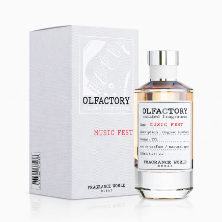 Fragrance World Olfactory Music Fest EDP 100 ml — toode ja pakend; täiskompositsioon; valgel taustal