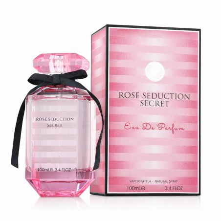 Fragrance World Rose Seduction Secret EDP 100 ml — товар и упаковка; крупный план; на белом фоне; самый широкий кадр
