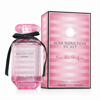 Fragrance World Rose Seduction Secret EDP 100 ml — товар и упаковка; крупный план; на белом фоне; самый широкий кадр
