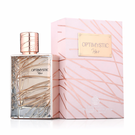 Fragrance World Optimystic for Her EDP 100 ml — изображение товара; крупный план; на белом фоне; самый широкий кадр
