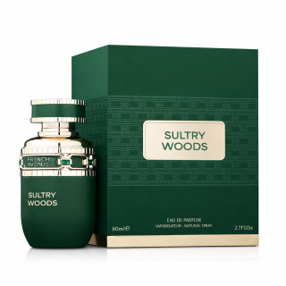 Fragrance World Sultry Woods EDP 80 ml — productverpakking; close-up; op een witte achtergrond