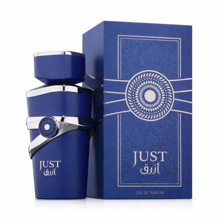 Fragrance World Just Azraq 100 ml — toote pakend; väga lähivõte; valgel taustal