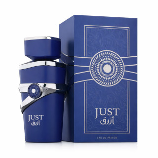 Fragrance World Just Azraq 100 ml — toote pakend; väga lähivõte; valgel taustal