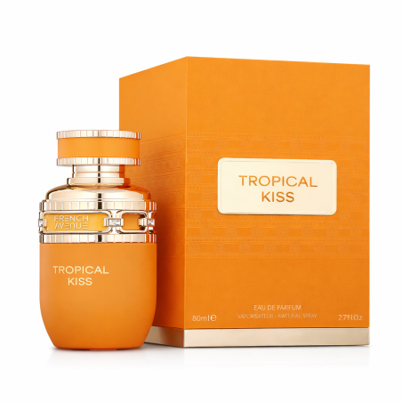 Fragrance World Tropical Kiss EDP 80 ml — продукт и опаковка; близък план; на бял фон; най-близък кадър