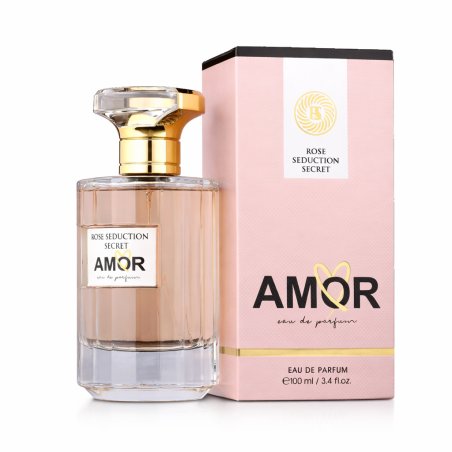 Rose Seduction Secret Amor EDP 100 ml — producto y embalaje; primer plano; sobre fondo blanco; encuadre más abierto