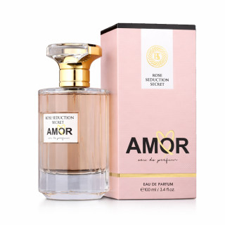 Rose Seduction Secret Amor EDP 100 ml — producto y embalaje; primer plano; sobre fondo blanco; encuadre más abierto