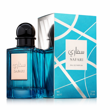Fragrance World Safari EDP 90 ml — продукт и опаковка; близък план; на бял фон