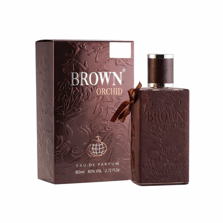 Fragrance World Brown Orchid EDP 80 ml — товар и упаковка; крупный план; на белом фоне; самый близкий кадр