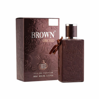 Fragrance World Brown Orchid EDP 80 ml — товар и упаковка; крупный план; на белом фоне; самый близкий кадр