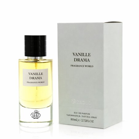 Fragrance World Vanille Drama EDP 80 ml — toode ja pakend; lähivaade; valgel taustal; kõige laiem kadreering