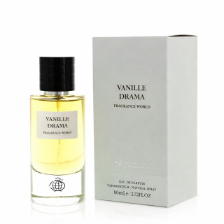Fragrance World Vanille Drama EDP 80 ml — toode ja pakend; lähivaade; valgel taustal; kõige laiem kadreering