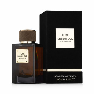 Fragrance World Pure Desert Oud EDP 100 ml — товар и упаковка; крупный план; на белом фоне; самый близкий кадр