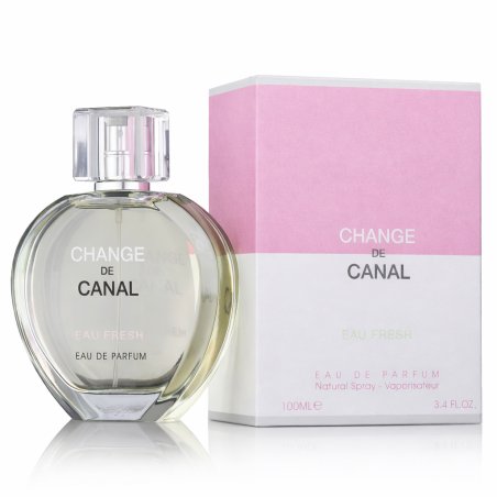 Fragrance World Change de Canal eau Fresh EDP 100 ml — toode ja pakend; lähivaade; valgel taustal; kõige laiem kadreering
