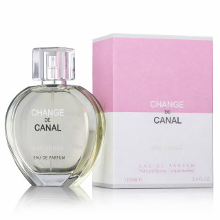 Fragrance World Change de Canal eau Fresh EDP 100 ml — toode ja pakend; lähivaade; valgel taustal; kõige laiem kadreering