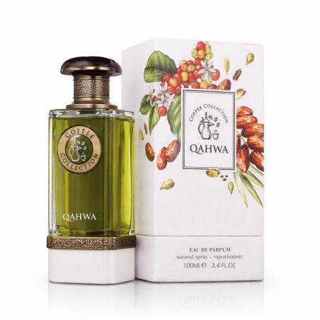 Fragrance World Qahwa EDP 100 ml — produkt a balení; celá kompozice; na bílém pozadí