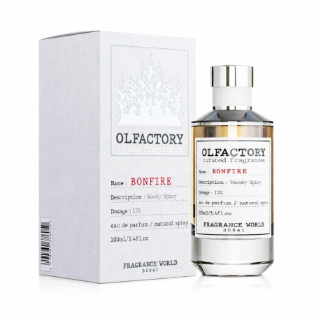 Fragrance World Olfactory Bonfire EDP 100 ml — prodotto e confezione; composizione completa; su sfondo bianco