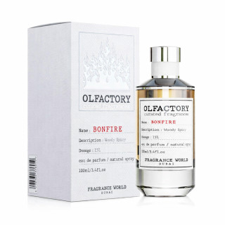Fragrance World Olfactory Bonfire EDP 100 ml — prodotto e confezione; composizione completa; su sfondo bianco
