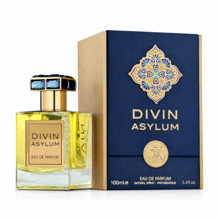 Fragrance World Divin Asylum EDP 100 ml — toode stiliseeritud keskkonnas; lähivaade; valgel taustal