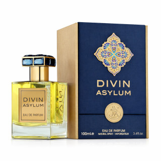 Fragrance World Divin Asylum EDP 100 ml — toode stiliseeritud keskkonnas; lähivaade; valgel taustal