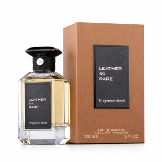 Fragrance World Leather so rare EDP 100 ml — toote pakend; lähivaade; valgel taustal