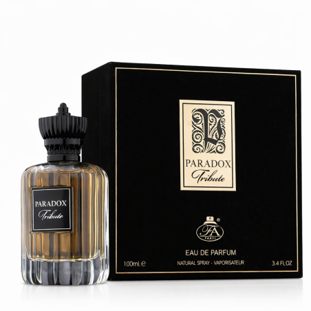 Fragrance World Paradox Tribute EDP 100 ml — widok produktu; bardzo bliskie ujęcie; na białym tle; najszersze kadrowanie